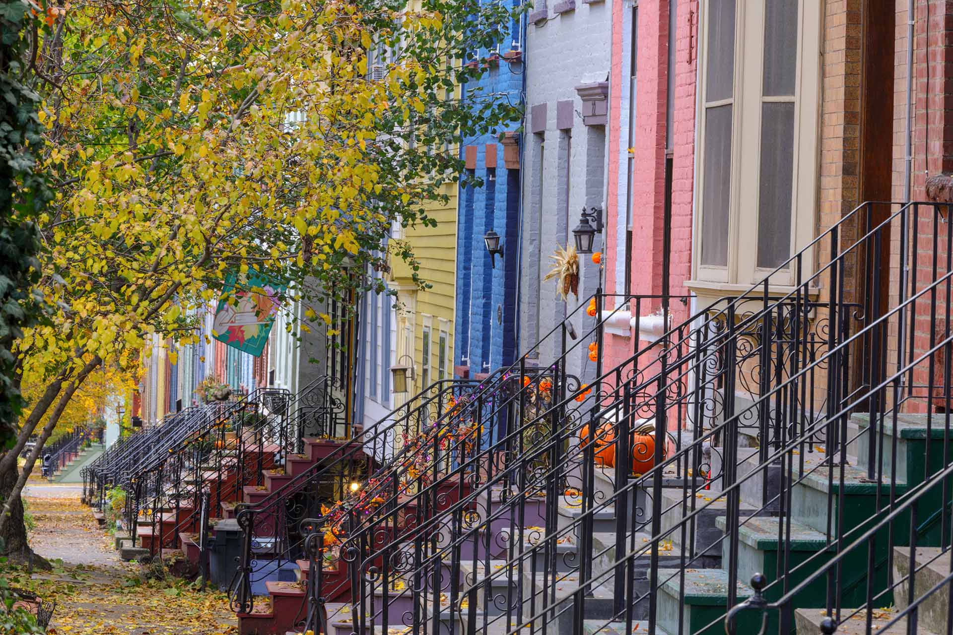 Quaint colorful brick row homes on Jay Street part of the Lark Street neighborhood; Albany; New York State; USA